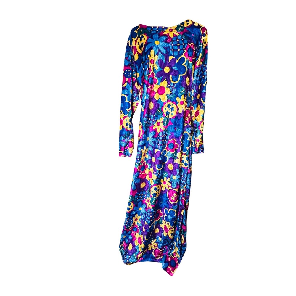Psychedelic Floral Velvet Maxi Dress Long Sleeve Boat Neck Abstract size‎ m